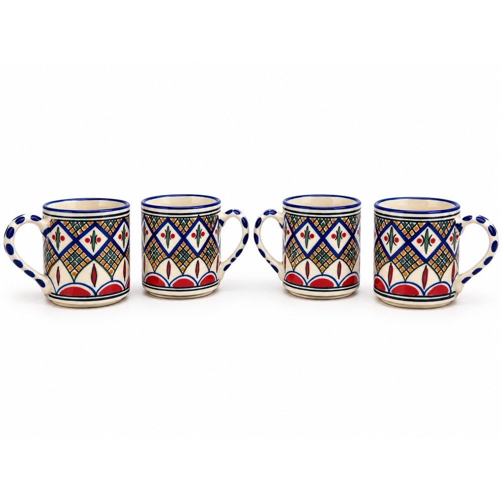 Set of 4 Le Souk Ceramique Tabarka Coffee Mugs Hand-Painted Tunisian Pottery